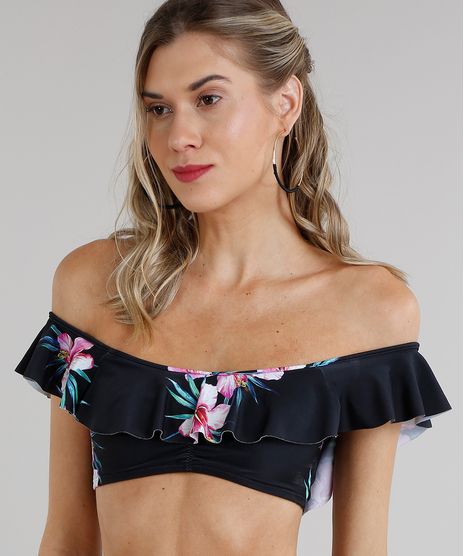 Biquini-Top-Ombro-a-Ombro-Estampado-Floral-com-Babado-e-Bojo-Removivel-Protecao-UV50--Preto-9284373-Preto_1