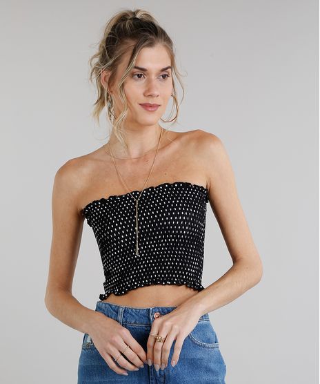 Top-Faixa-Feminino-Franzido-Estampado-de-Poas-Preto-9280856-Preto_1