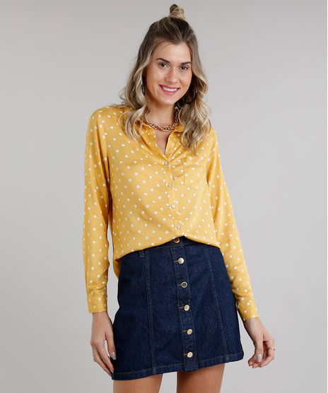 Camisa-Feminina-Estampada-de-Poas-com-Bolso-Manga-Longa-Mostarda-9196005-Mostarda_1