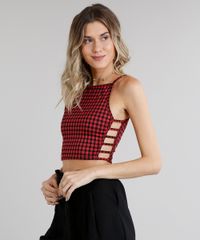 Regata-Feminina-Cropped-Halter-Neck-Estampada-Xadrez-com-Recortes-Laterais--Vermelha-9132367-Vermelho_1