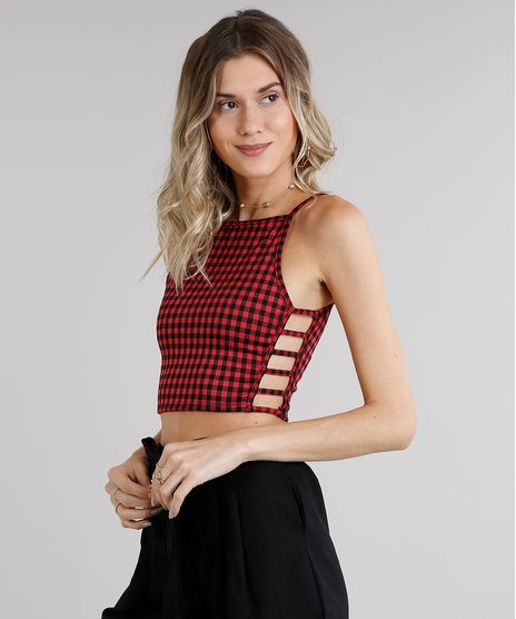 Regata-Feminina-Cropped-Halter-Neck-Estampada-Xadrez-com-Recortes-Laterais--Vermelha-9132367-Vermelho_1