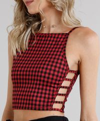 Regata-Feminina-Cropped-Halter-Neck-Estampada-Xadrez-com-Recortes-Laterais--Vermelha-9132367-Vermelho_4