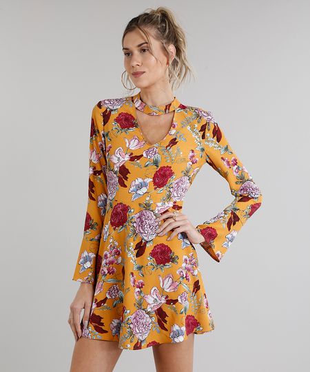 Vestido-Feminino-Curto-Choker-Estampado-Floral-Manga-Longa-Mostarda-8889794-Mostarda_1