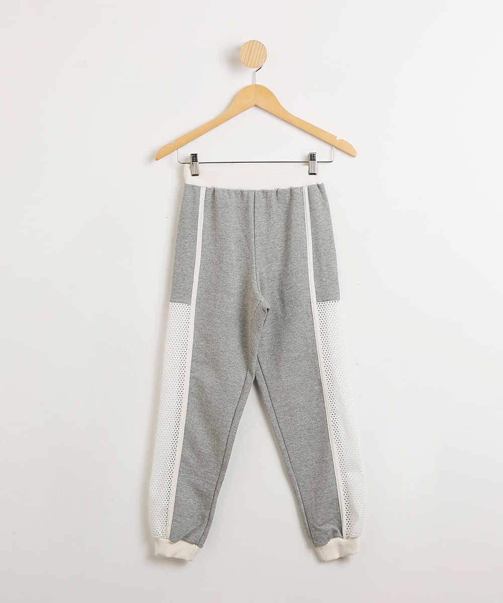 Calça Juvenil De Moletom Jogger Com Recorte Tela Cinza Mescla