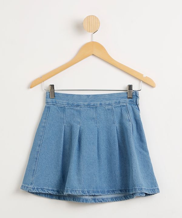Saia Juvenil Jeans Curta com Pregas Azul Médio 14