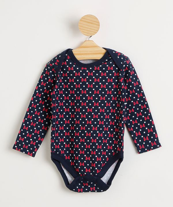 Body Infantil de Algodão Estampado Laços Minnie e Poá Manga Curta Azul Marinho 9-12