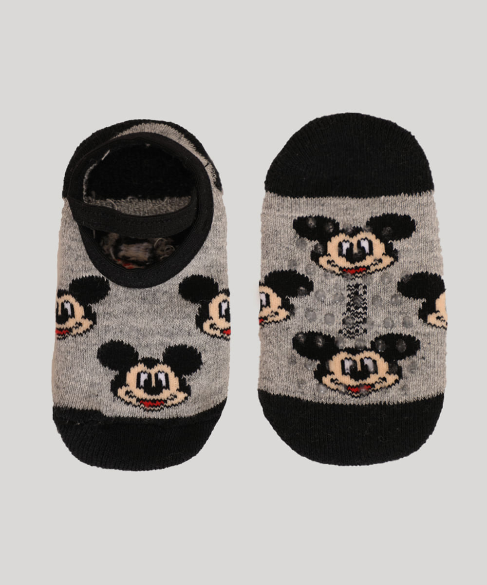Meia Infantil Sapatilha Mickey Mouse Antiderrapante Cinza Mescla