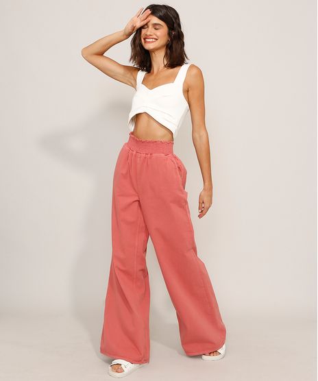 Calça De Sarja Wide Reta Cintura Super Alta Rosa Escuro