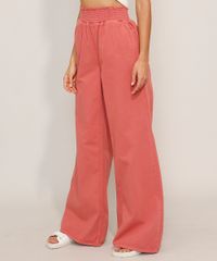 Calça De Sarja Wide Reta Cintura Super Alta Rosa Escuro frente Calça De Sarja Wide Reta Cintura Super Alta Rosa Escuro frente
