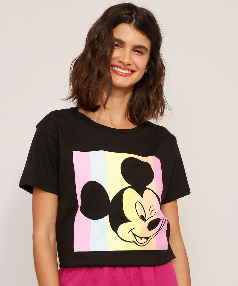 Camiseta de Algodão Mickey Mouse Manga Curta Decote Redondo Preta