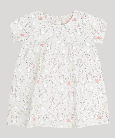 Vestido-Infantil-Estampado-de-Coelhinhas-Manga-Curta-Decote-Redondo-em-Algodao---Sustentavel-Cinza-Mescla-Claro-8953277-Cinza_Mescla_Claro_1