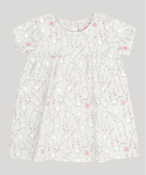 Vestido-Infantil-Estampado-de-Coelhinhas-Manga-Curta-Decote-Redondo-em-Algodao---Sustentavel-Cinza-Mescla-Claro-8953277-Cinza_Mescla_Claro_1