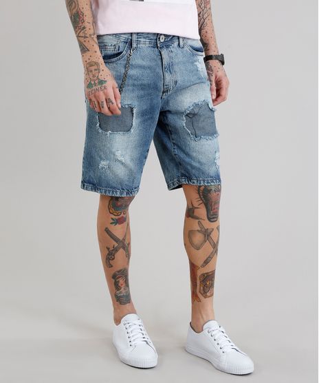Bermuda-Jeans-Masculina-Reta-Destroyed-com-Corrente-Azul-Medio-9223992-Azul_Medio_1
