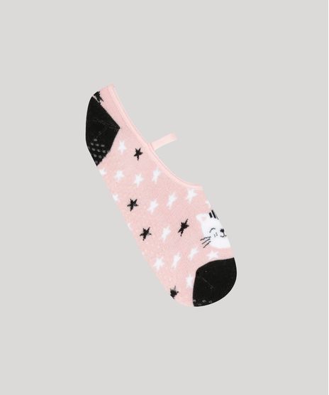 Meia-Feminina-Sapatilha-Estampada-de-Estrelas-e-Gatinha-Rosa-Claro-9233086-Rosa_Claro_1