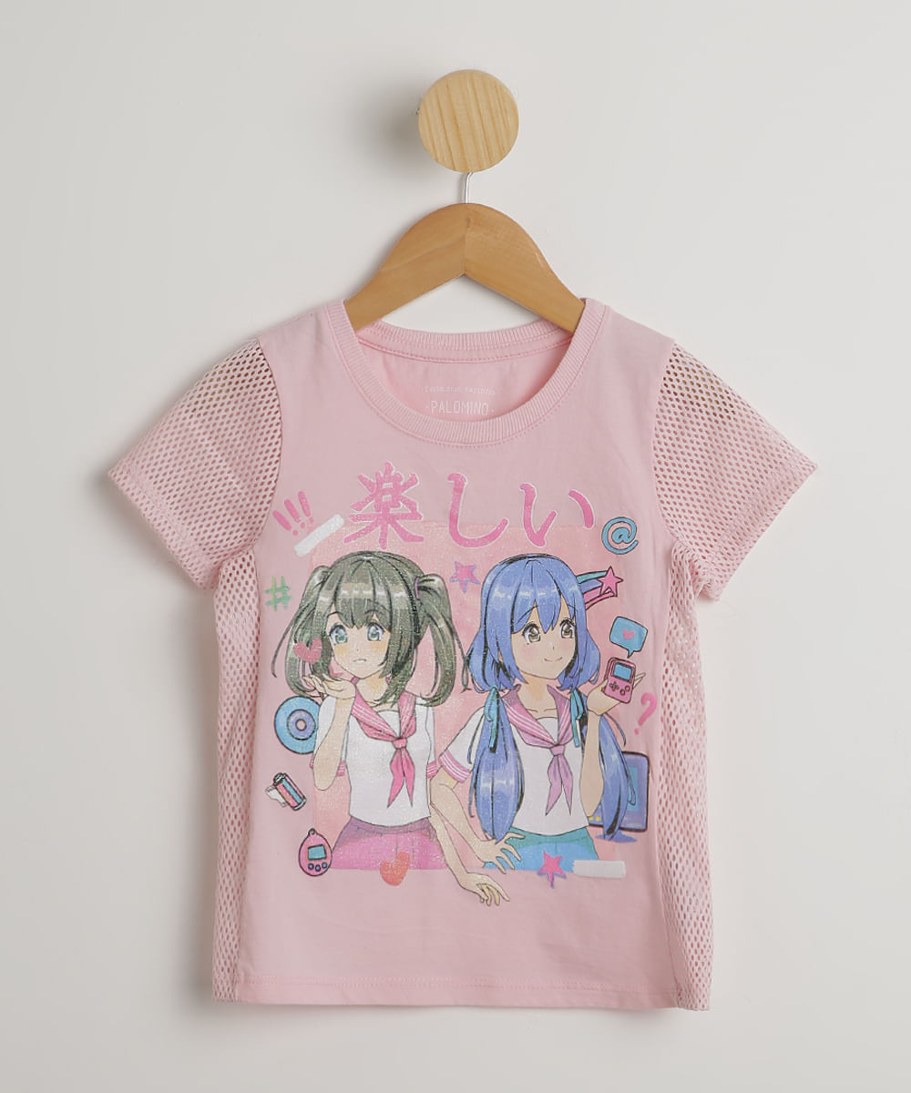 Blusa Infantil Amigas Mangá Recorte Tela Manga Curta Rosa