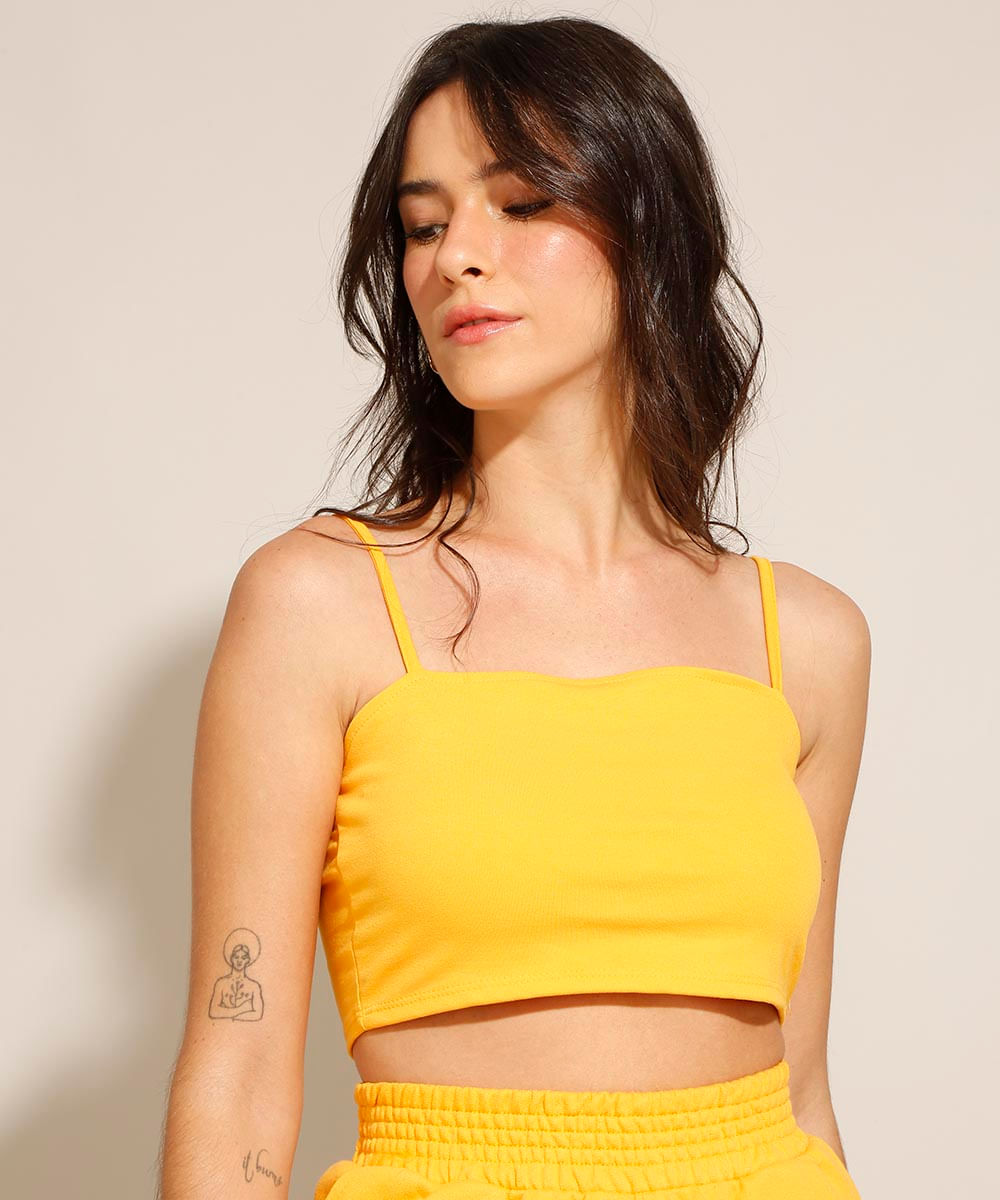 Top Cropped Alça Fina Decote Reto Laranja