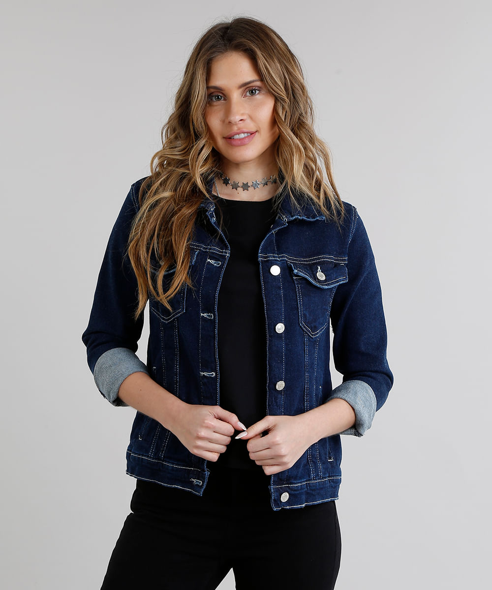 jaqueta jeans azul escuro feminina