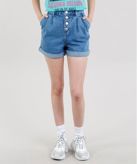 Short-Jeans-Feminino-Cintura-Alta-com-Pregas-Azul-Medio-9341564-Azul_Medio_1