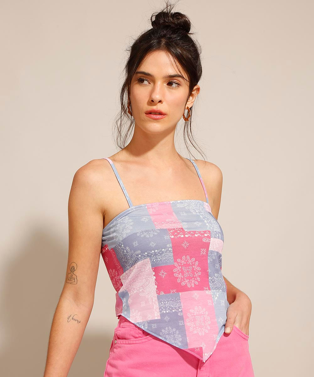 Top Cropped Estampado de Lenço Alça Fina Decote Reto Multicor