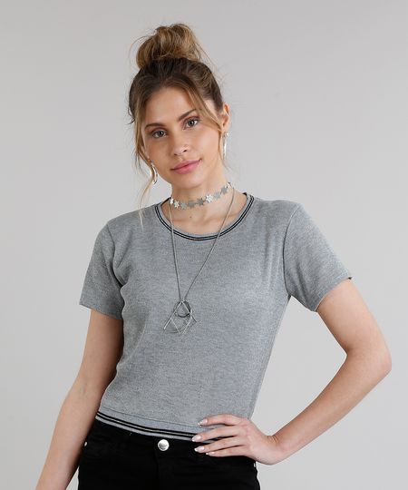 Blusa Feminina Cropped com Lurex Manga Curta Decote Redondo Cinza Mescla Claro Menor preço em Blusa Feminina Cropped com Lurex Manga Curta Decote Redondo Cinza Mescla Claro