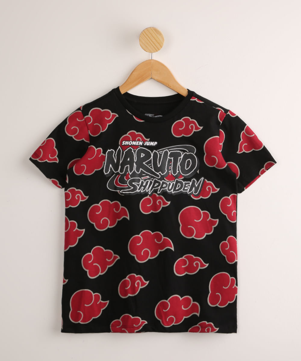 Camiseta Juvenil Estampada Nuvens Naruto Manga Curta Preta