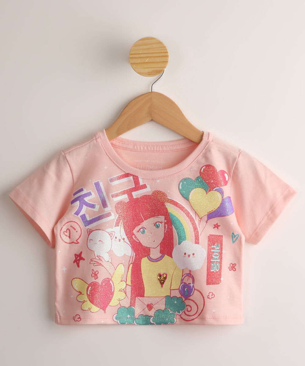 Blusa Infantil Cropped de Algodão Kawaii Manga Curta Rosa Claro