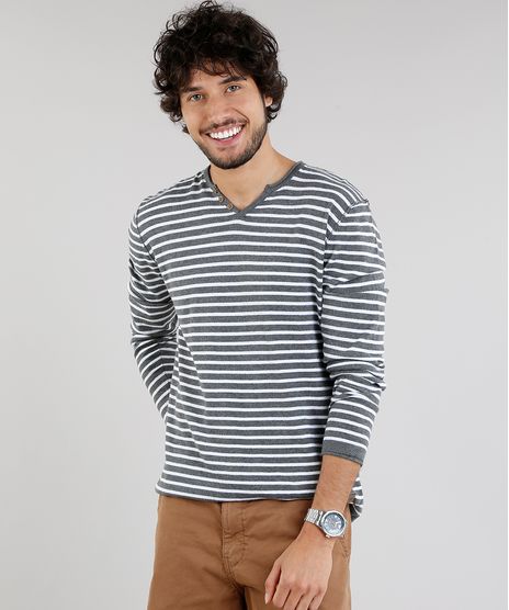 Sueter-Masculino-em-Trico-Listrado-Gola-V-com-Botoes-Cinza-Mescla-Escuro-8850212-Cinza_Mescla_Escuro_1