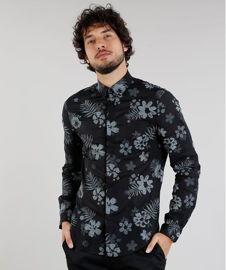 Camisa-Masculina-Slim-Estampada-Floral-Manga-Longa-Preta-9089559-Preto_1