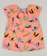 Vestido-Infantil-Fabula-Estampado-de-Passaros-com-Laco-Manga-Curta-Decote-Redondo-Coral-9164669-Coral_1