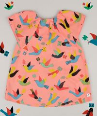 Vestido-Infantil-Fabula-Estampado-de-Passaros-com-Laco-Manga-Curta-Decote-Redondo-Coral-9164669-Coral_2