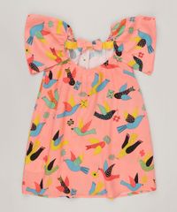 Vestido-Infantil-Fabula-Estampado-de-Passaros-com-Laco-Manga-Curta-Decote-Redondo-Coral-9164669-Coral_4