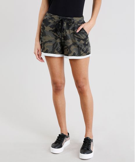 Short-Feminino-Estampado-Camuflado-em-Moletom-com-Lace-Up-Verde-Militar-9248496-Verde_Militar_1