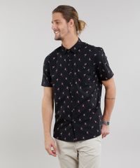 Camisa-Masculina-Estampada-de-Flamingos-com-Bolso-Manga-Curta-Preta-9124765-Preto_1