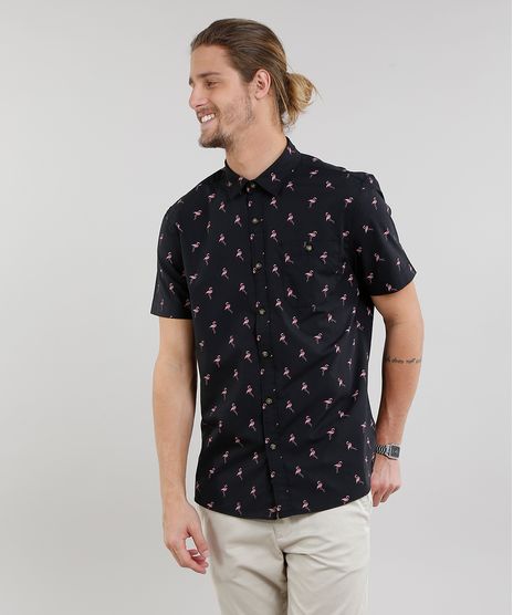 Camisa-Masculina-Estampada-de-Flamingos-com-Bolso-Manga-Curta-Preta-9124765-Preto_1