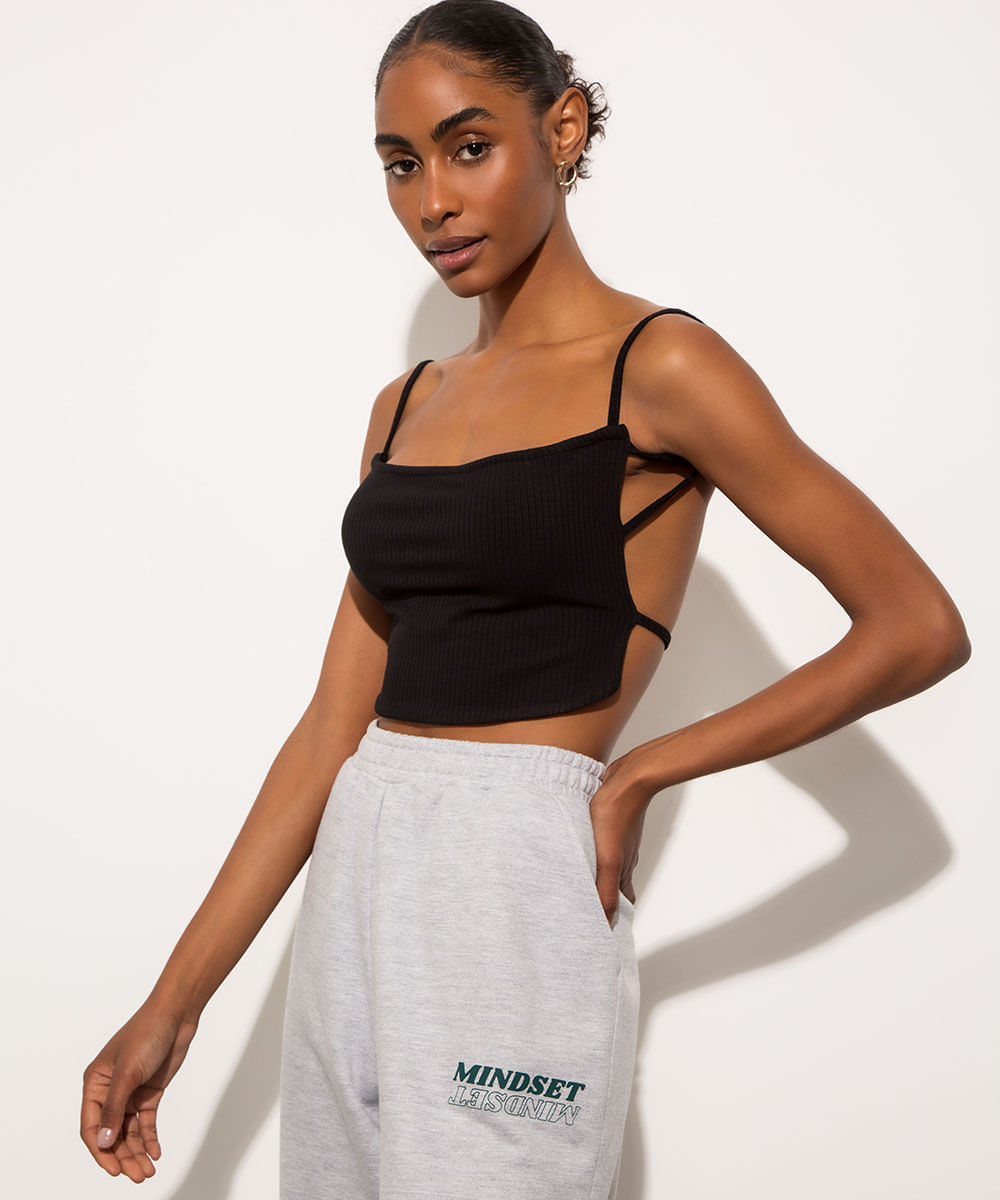 Top Cropped Canelado com Tiras Alça Fina Decote Reto Mindset Preto