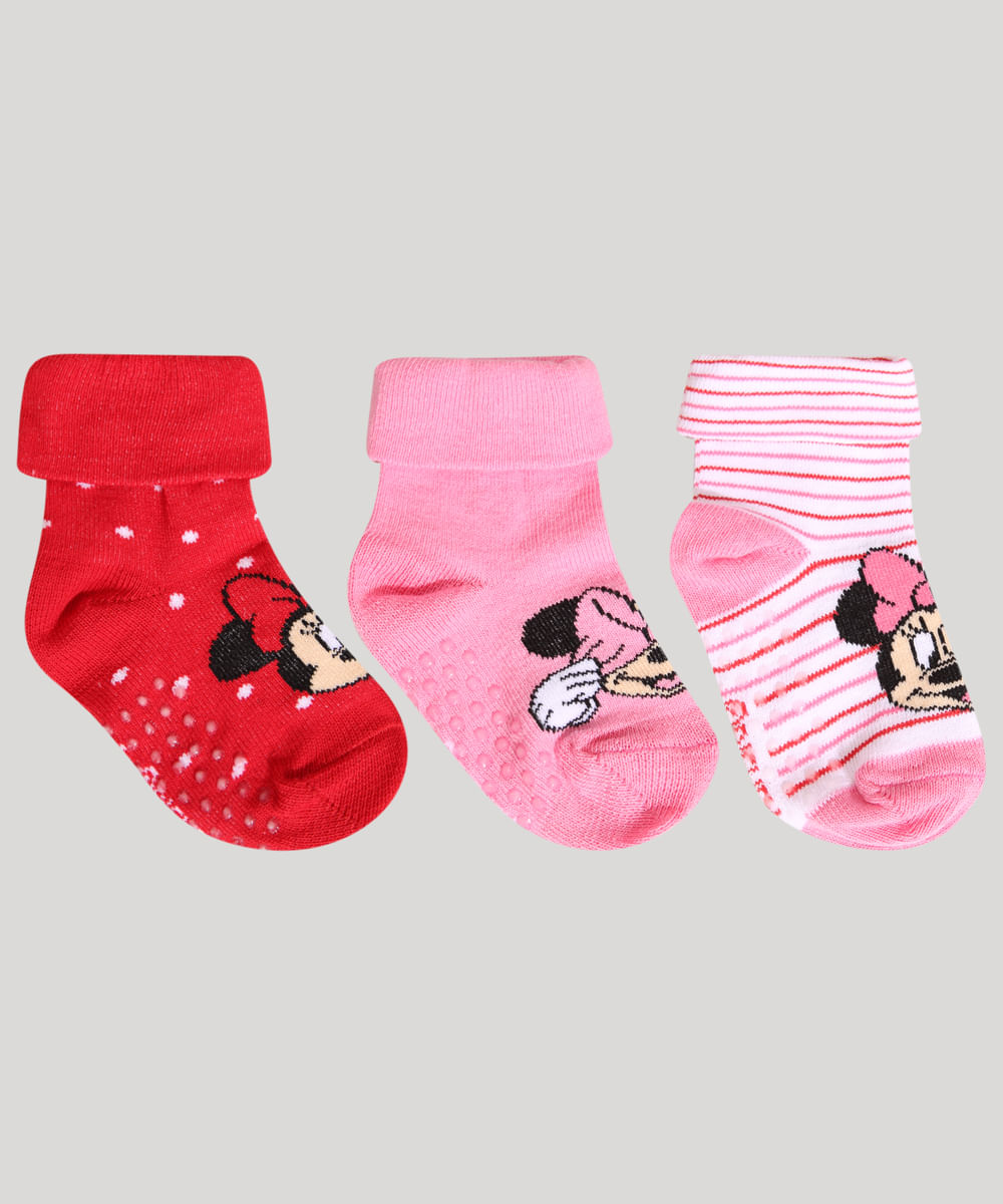 Kit de 3 Meias Infantis Cano Médio Minnie Antiderrapante Multicor