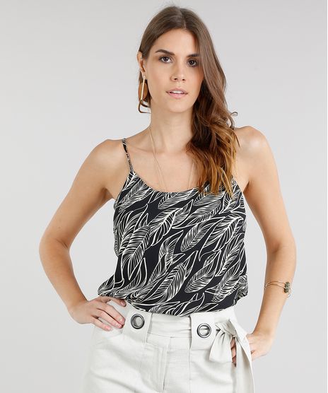 Regata-Feminina-Estampada-de-Folhas-Alcas-Finas-Decote-Redondo-Preta-9108859-Preto_1