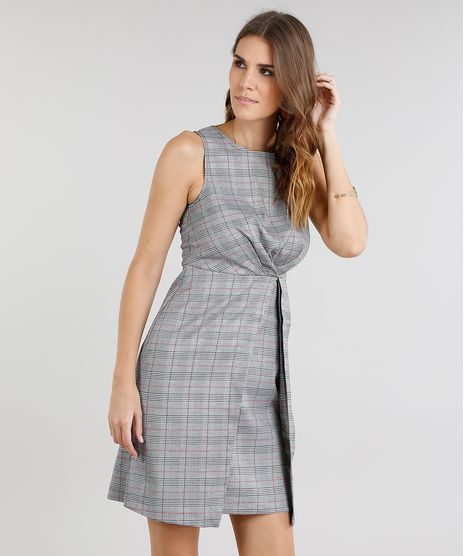 Vestido-Feminino-Curto-Estampado-Xadrez-com-Pregas-Decote-Redondo-Cinza-9182715-Cinza_1