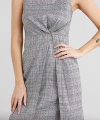 Vestido-Feminino-Curto-Estampado-Xadrez-com-Pregas-Decote-Redondo-Cinza-9182715-Cinza_4