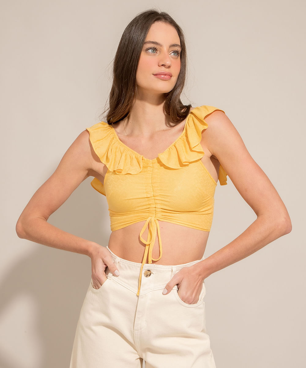 Regata Cropped de Viscose Alça com Babados Decote Redondo Amarela