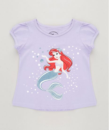Blusa-Infantil-Pequena-Sereia-Ariel-com-Glitter-Manga-Curta-Decote-Redondo-Lilas-9268683-Lilas_1