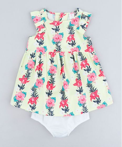 Vestido-Infantil-Estampado-Floral-com-Babado-Sem-Manga-Decote-Redondo---Calcinha-em-Algodao---Sustentavel-Amarelo-Claro-9116664-Amarelo_Claro_1