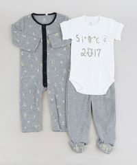 Conjunto-Infantil-de-Body--Since-2017--Manga-Curta-Off-White---Macacao-Estampado----Calca-com-Pezinho-em-Algodao---Sustentavel-Cinza-Mescla-9114234-Cinza_Mescla_1