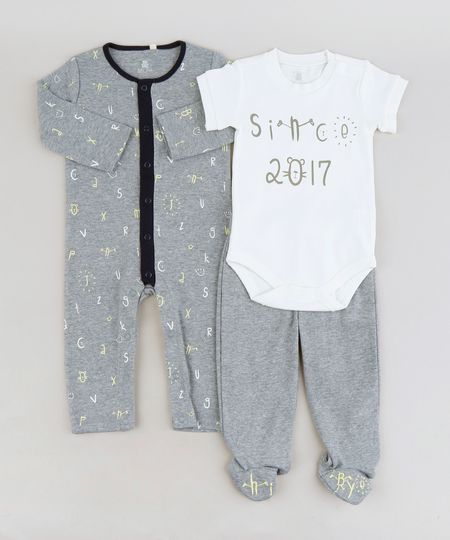 Conjunto-Infantil-de-Body--Since-2017--Manga-Curta-Off-White---Macacao-Estampado----Calca-com-Pezinho-em-Algodao---Sustentavel-Cinza-Mescla-9114234-Cinza_Mescla_1