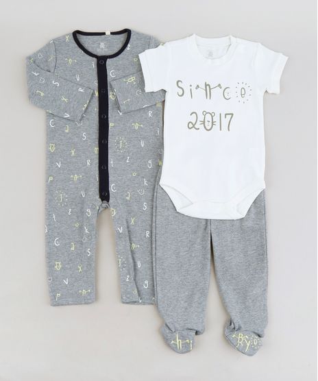 Conjunto-Infantil-de-Body--Since-2017--Manga-Curta-Off-White---Macacao-Estampado----Calca-com-Pezinho-em-Algodao---Sustentavel-Cinza-Mescla-9114234-Cinza_Mescla_1
