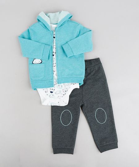 Conjunto Infantil de Body Estampado de Bichinhos Manga Curta Off White + Blusão Verde + Calça em Moletom Cinza Mescla Claro é ruim? Conjunto Infantil de Body Estampado de Bichinhos Manga Curta Off White + Blusão Verde + Calça em Moletom Cinza Mescla Claro é boa?