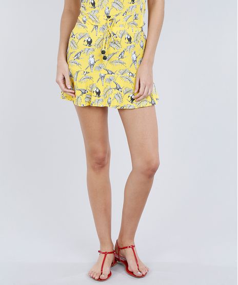Saia-de-Praia-Curta-Estampada-de-Passaros-com-Laco-Amarela-8811303-Amarelo_1