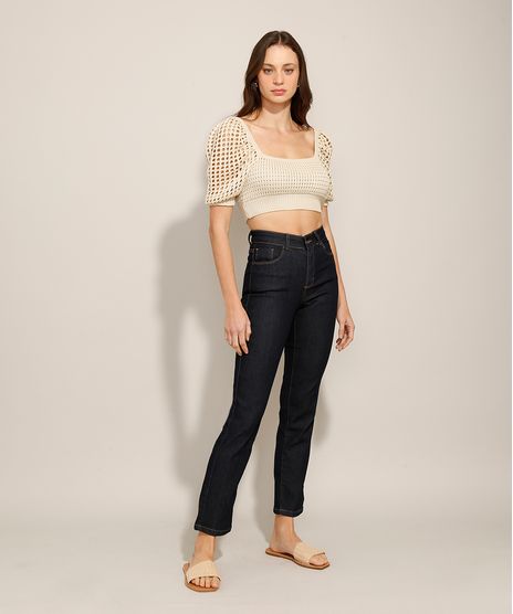 Calça Reta Jeans Cintura Média Feminina Azul Escuro