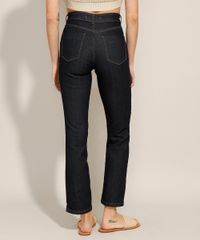 Calça Reta Jeans Cintura Média Feminina Azul Escuro costas
