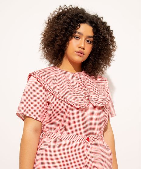 Blusa-Plus-Size-Estampada-Xadrez-Vichy-Gola-Boneca-com-Babado-Manga-Curta-Mindset-Vermelha-1004369-Vermelho_1